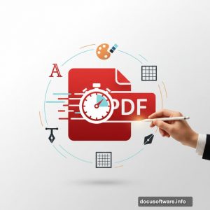 Adobe Acrobat PDF logo with stopwatch surrounded by design tool icons