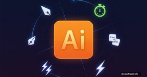 Adobe Illustrator logo surrounded by productivity icons and time-saving symbols