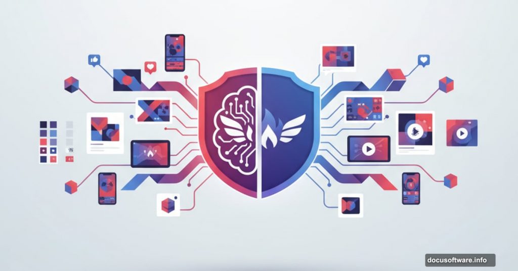 AI brain merged with brand shield generating consistent branded content