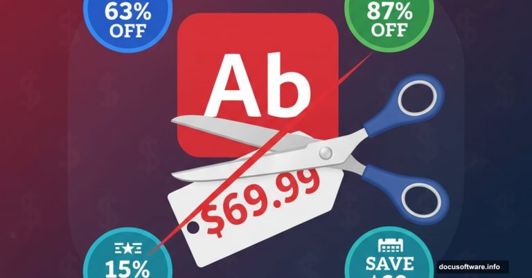 Scissors cutting Adobe Creative Cloud price tag with discount badges