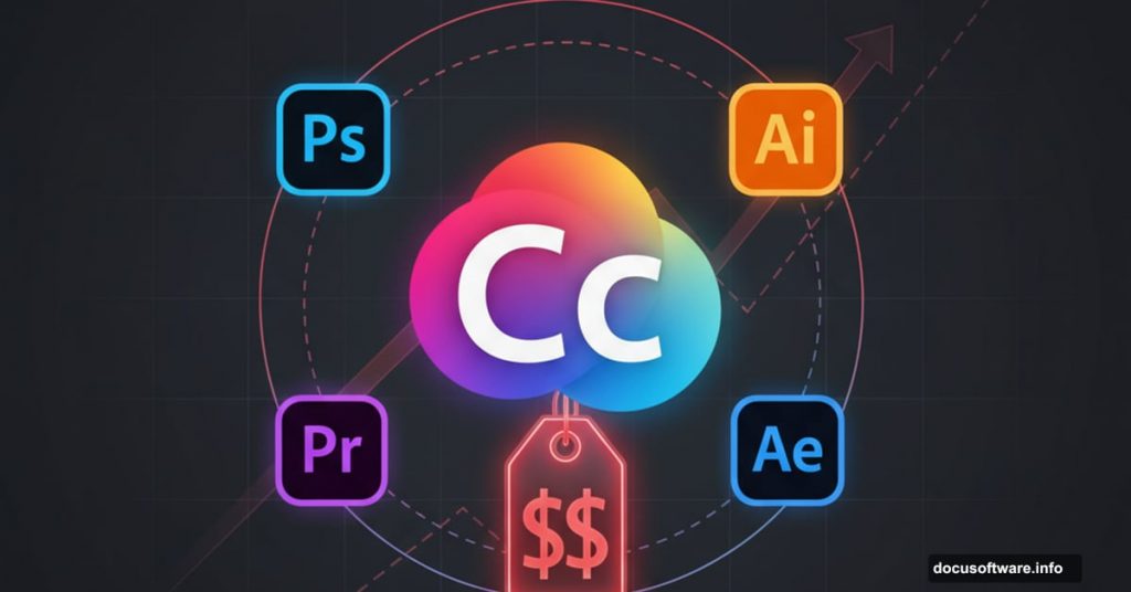 Adobe Creative Cloud logo surrounded by app icons with premium price tag