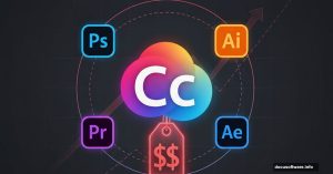 Adobe Creative Cloud logo surrounded by app icons with premium price tag