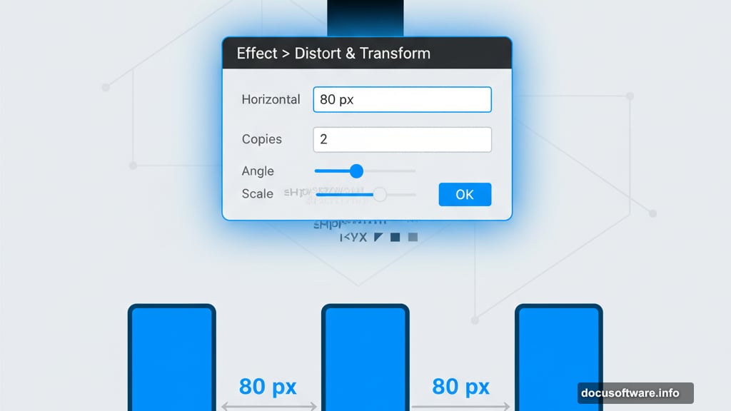 Transform effect creates multiple copies with precise horizontal spacing