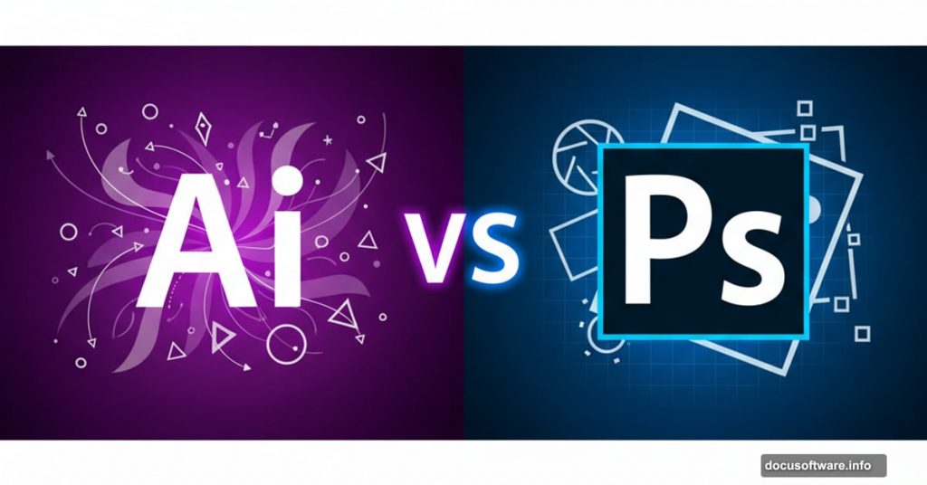 Adobe Illustrator versus Photoshop comparison with logo icons and design elements