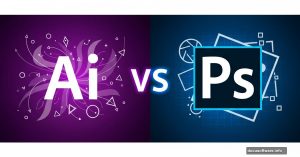 Adobe Illustrator versus Photoshop comparison with logo icons and design elements