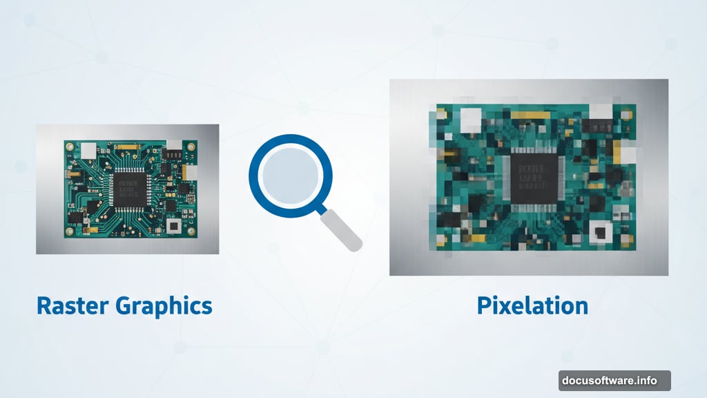 Raster images use grid of colored pixels causing pixelation when enlarged
