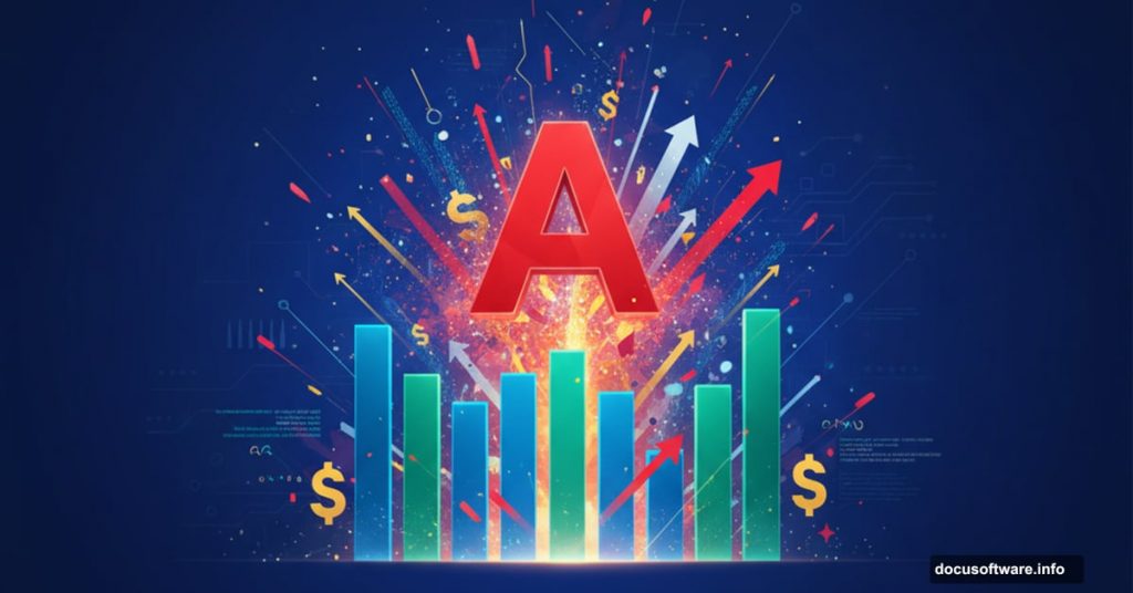 Adobe logo exploding upward from growth chart symbolizing earnings beat