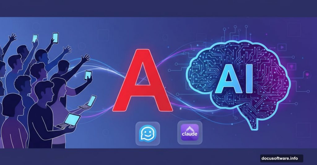 Adobe logo with AI brain symbol surrounded by job candidates