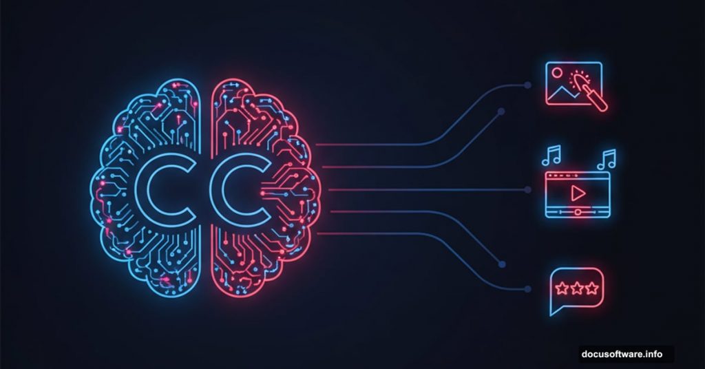 Adobe Creative Cloud logo transforming into AI brain with editing tools