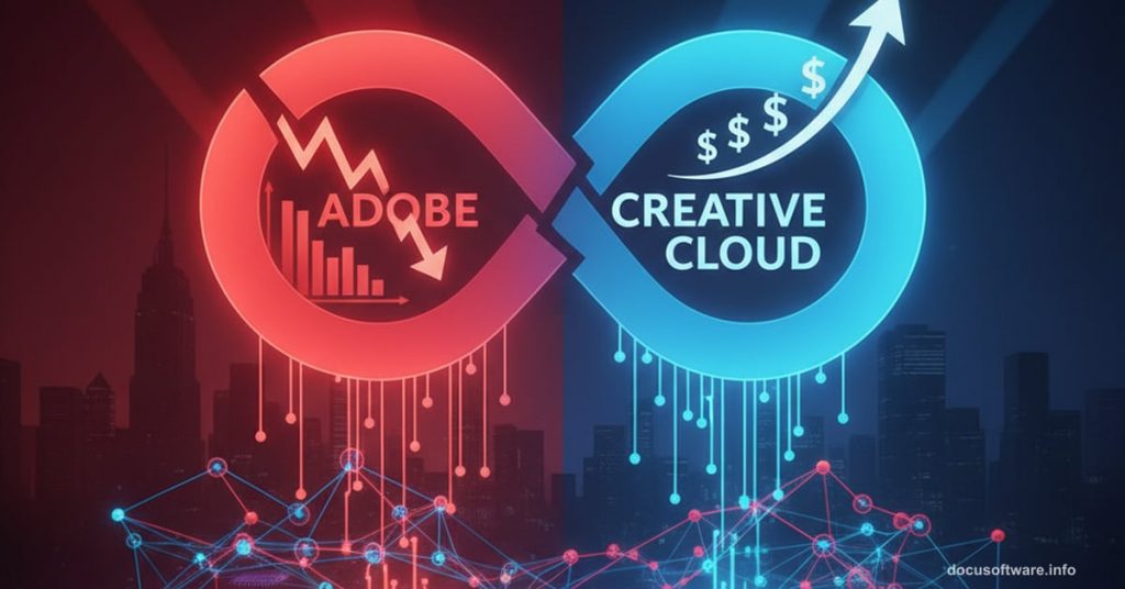 Adobe logo split between falling stock prices and rising profits