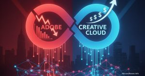 Adobe logo split between falling stock prices and rising profits