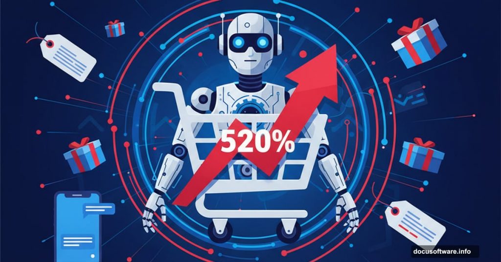 AI shopping cart with explosive 520% growth arrow and holiday elements