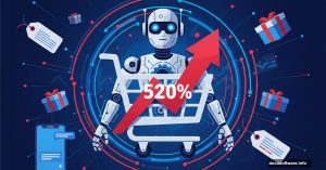 AI shopping cart with explosive 520% growth arrow and holiday elements