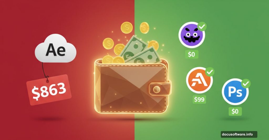 Wallet with money between expensive Adobe and affordable alternative software