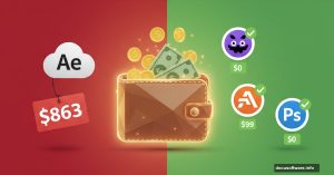 Wallet with money between expensive Adobe and affordable alternative software