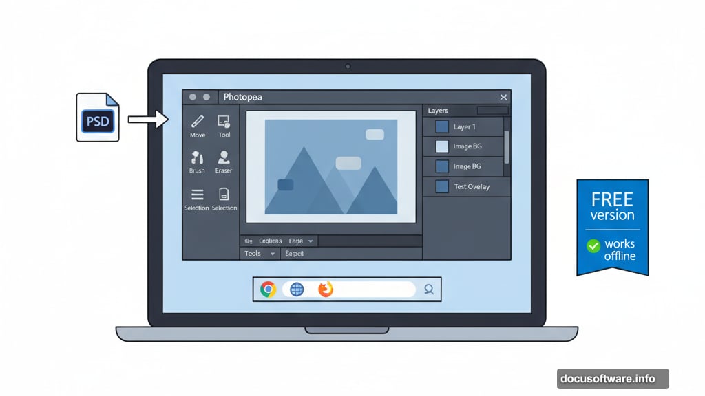 Photopea runs entirely in your web browser supporting PSD files