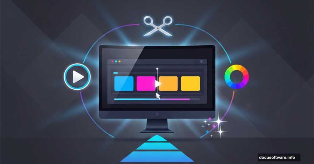 Computer screen showing video editing timeline with beginner-friendly interface elements
