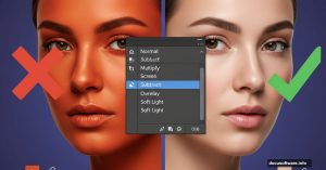 Split portrait showing bad skin tones versus corrected tones using Photoshop blend modes