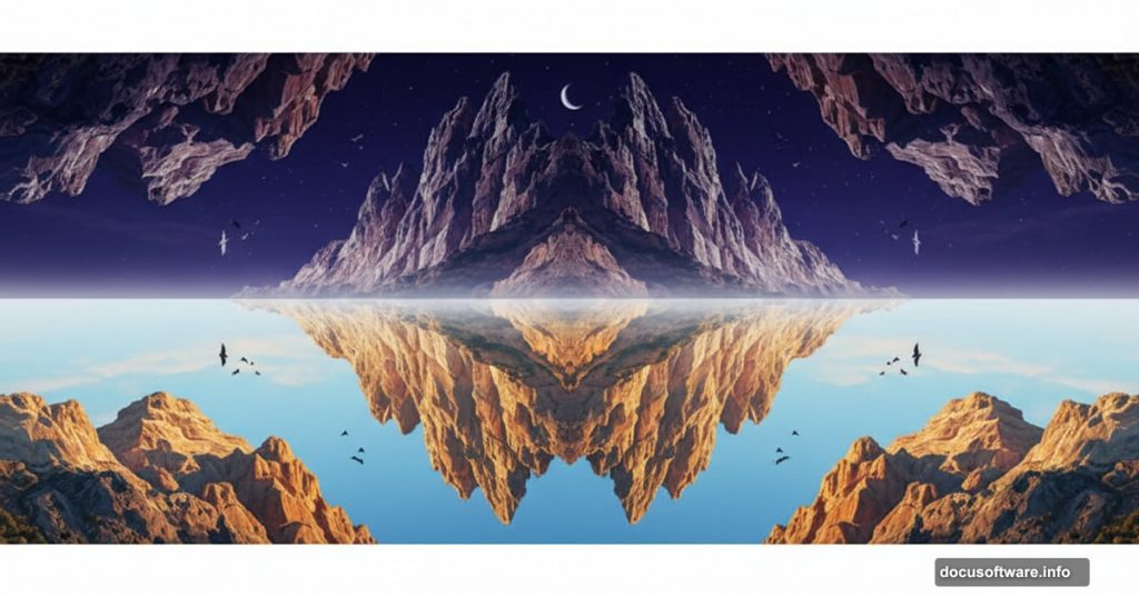 Surreal landscape split showing mountains flipped upside down blending seamlessly