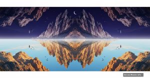 Surreal landscape split showing mountains flipped upside down blending seamlessly