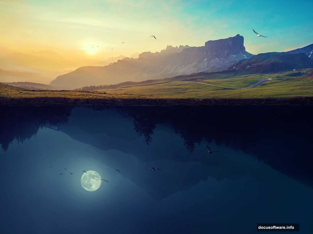 Flip one landscape upside down to create surreal composite scene