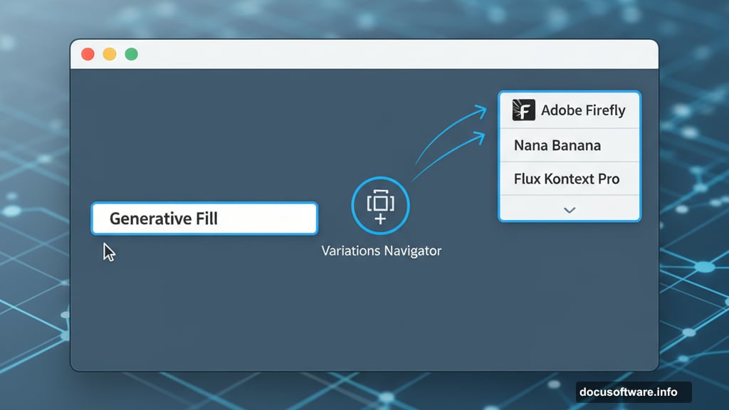 Model picker showing Adobe Firefly, Nana Banana, and Flux Kontext Pro