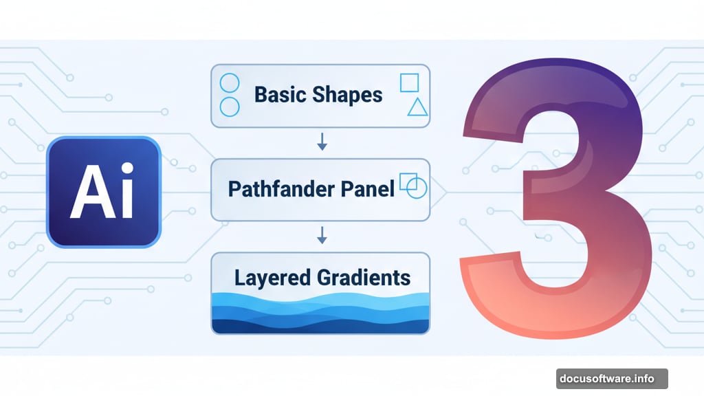 Basic shapes, Pathfinder panel, and layered gradients build glass depth