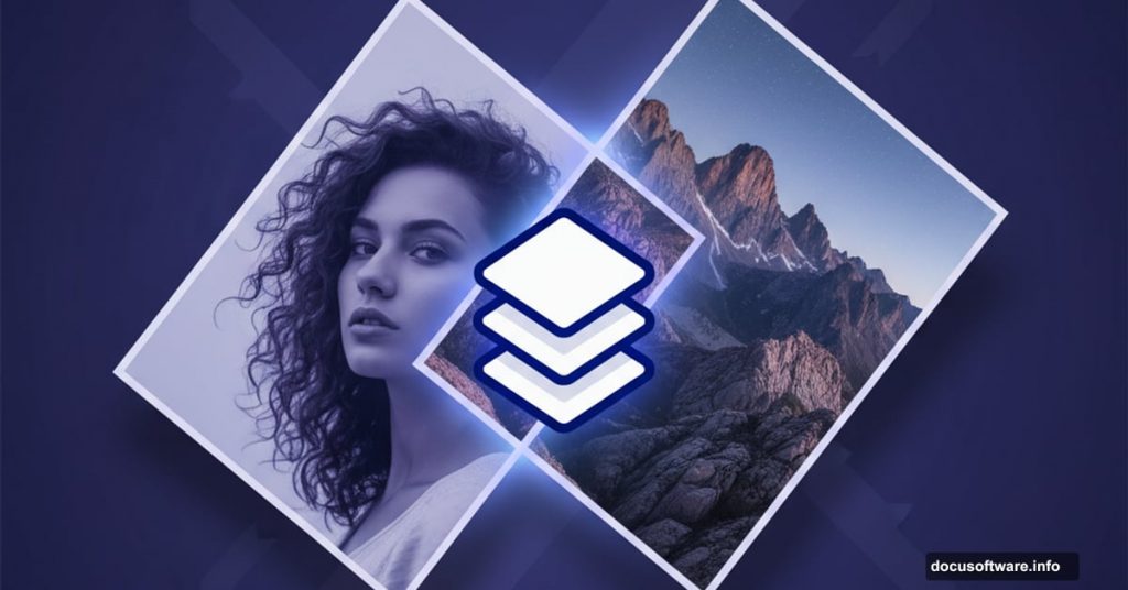 Two overlapping photos blending together with Photoshop layers symbol