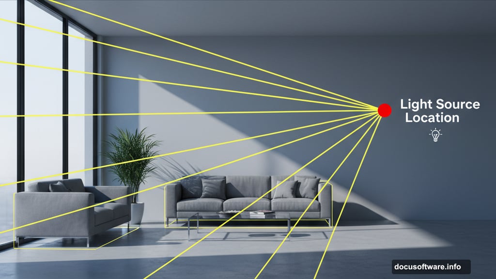 Draw lines along shadow edges to find light source convergence point