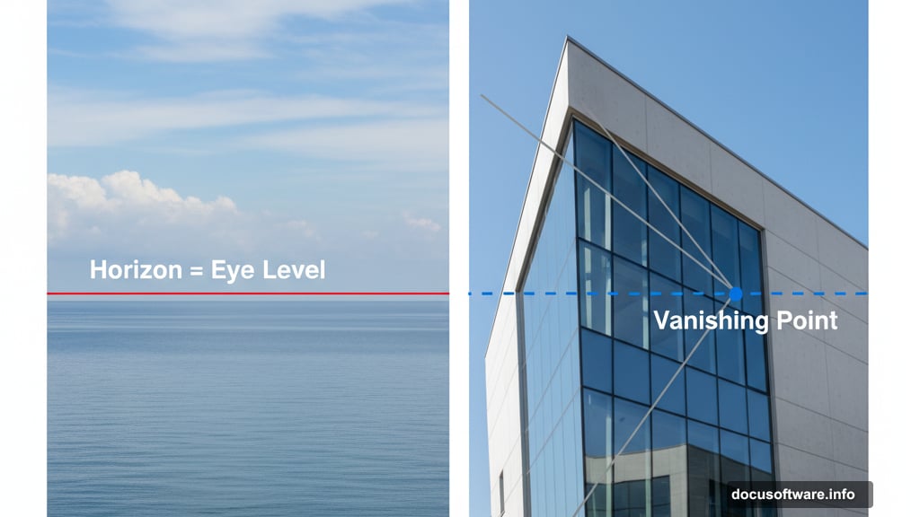 Horizon line equals eye level and shows camera position in scene