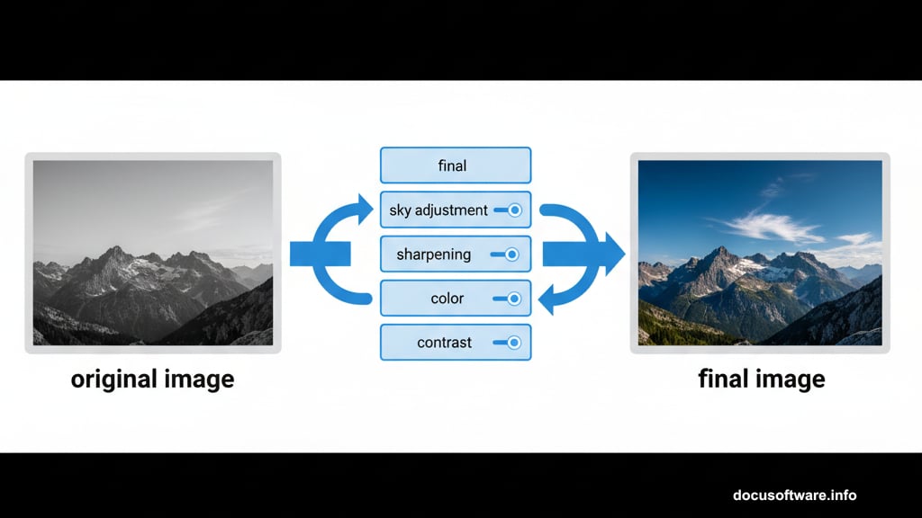 Non-destructive stacking with adjustable layers transforms flat mountain landscape photographs