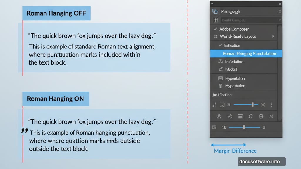Roman hanging punctuation moves quotes outside text margins for professional alignment