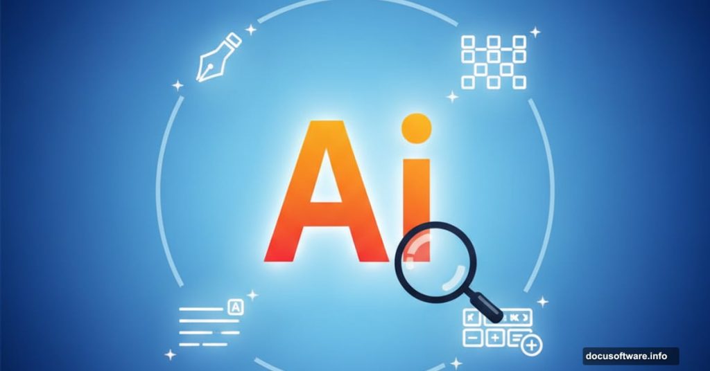 Adobe Illustrator logo surrounded by hidden feature icons and magnifying glass