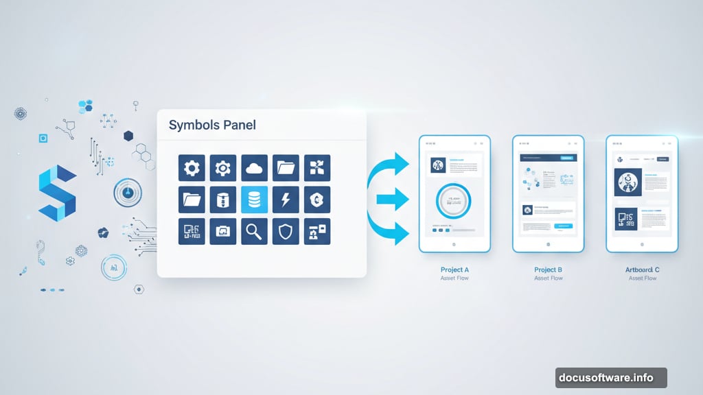 Symbols panel stores reusable assets across multiple Illustrator projects