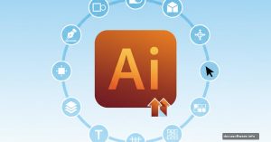 Adobe Illustrator logo surrounded by essential beginner tool icons