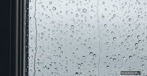 Realistic rainy window with water droplets and Adobe Photoshop logo
