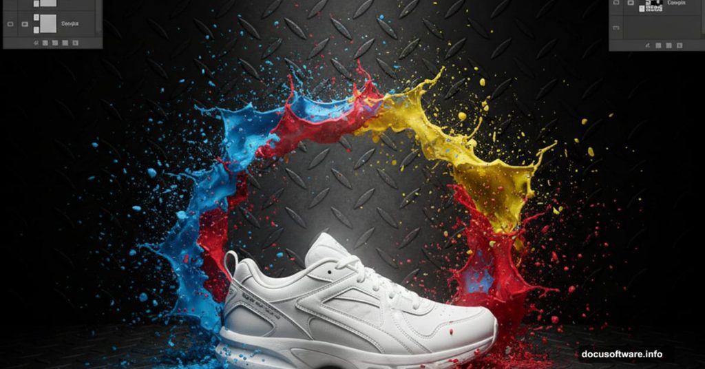 White sneaker with colorful paint splashes on textured surface Photoshop tutorial