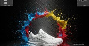White sneaker with colorful paint splashes on textured surface Photoshop tutorial