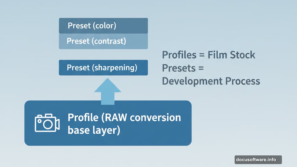 Profiles are like film stock, presets develop film in specific way