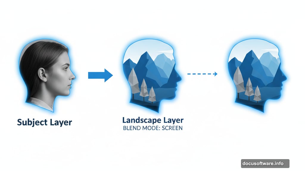 Double exposure effect transforms portraits into artistic pieces with landscapes