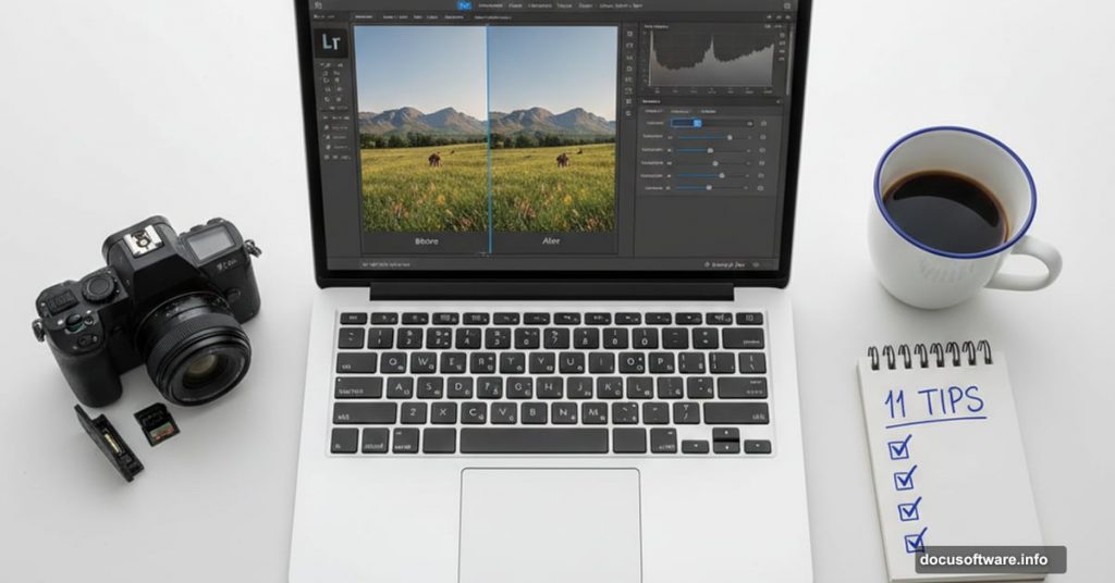 Lightroom editing interface on laptop with beginner photography workspace setup