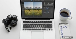 Lightroom editing interface on laptop with beginner photography workspace setup