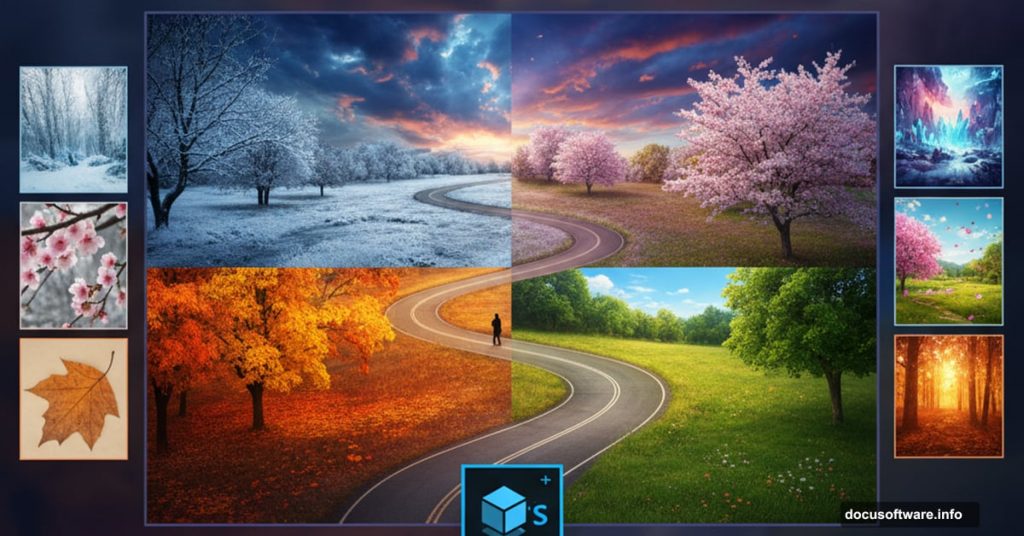 Photoshop compositing tutorial showing winding road through four seasons landscape