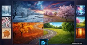 Photoshop compositing tutorial showing winding road through four seasons landscape