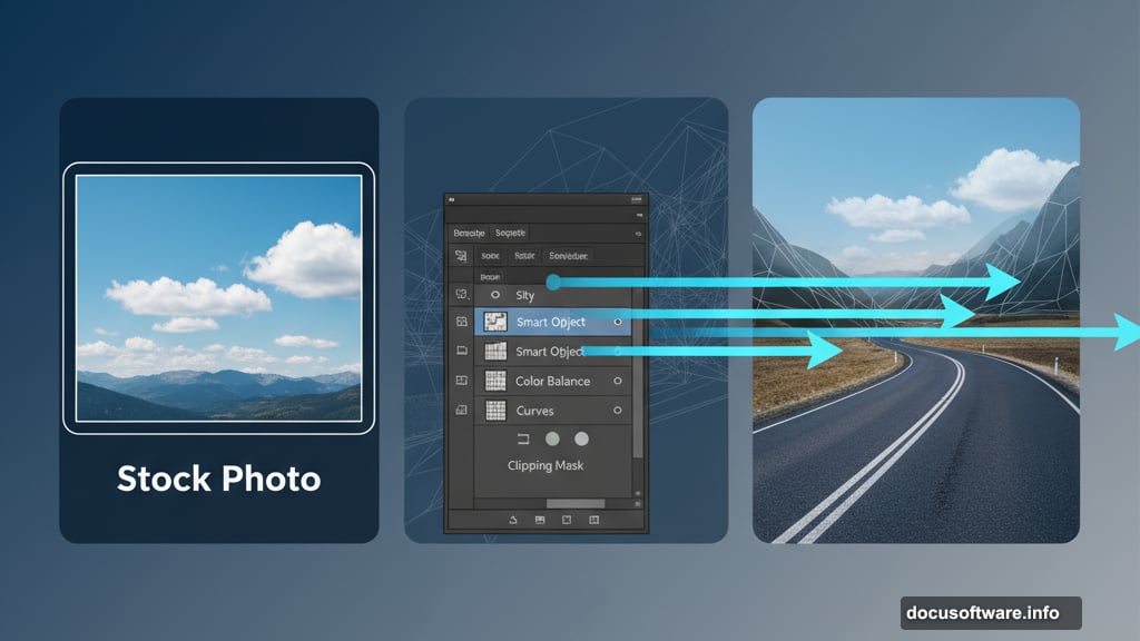 Photoshop compositing workflow combines multiple stock photos into cohesive artwork
