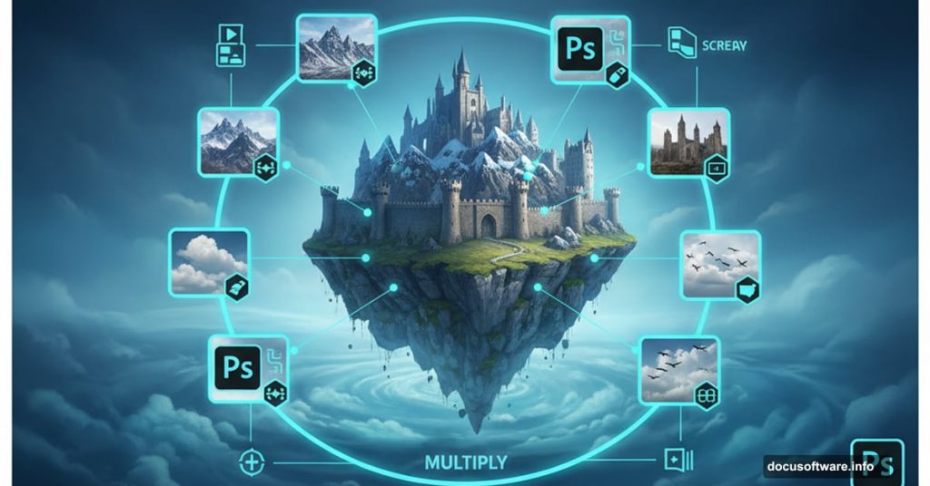 Fantasy castle floating above clouds with Photoshop composite layers