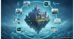 Fantasy castle floating above clouds with Photoshop composite layers