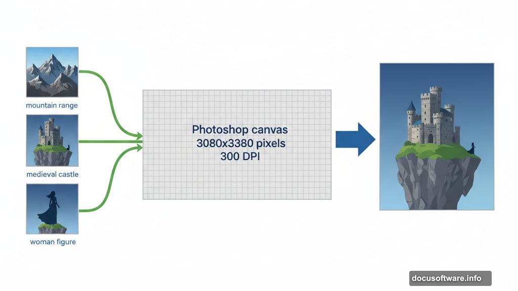 Combine multiple stock images into complete fantasy landscape floating composition