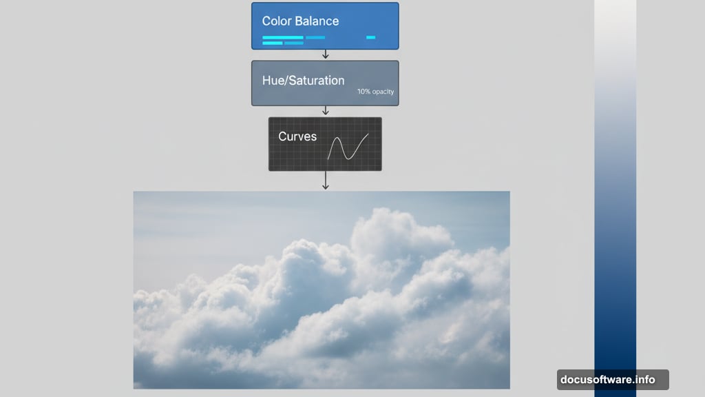 Add adjustment layers to color grade sky with Color Balance and Curves