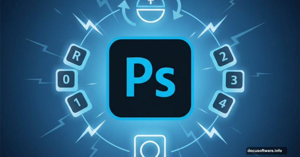 Adobe Photoshop logo surrounded by keyboard shortcuts and workflow icons